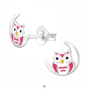 Oorknopjes zilver uil op maan roze